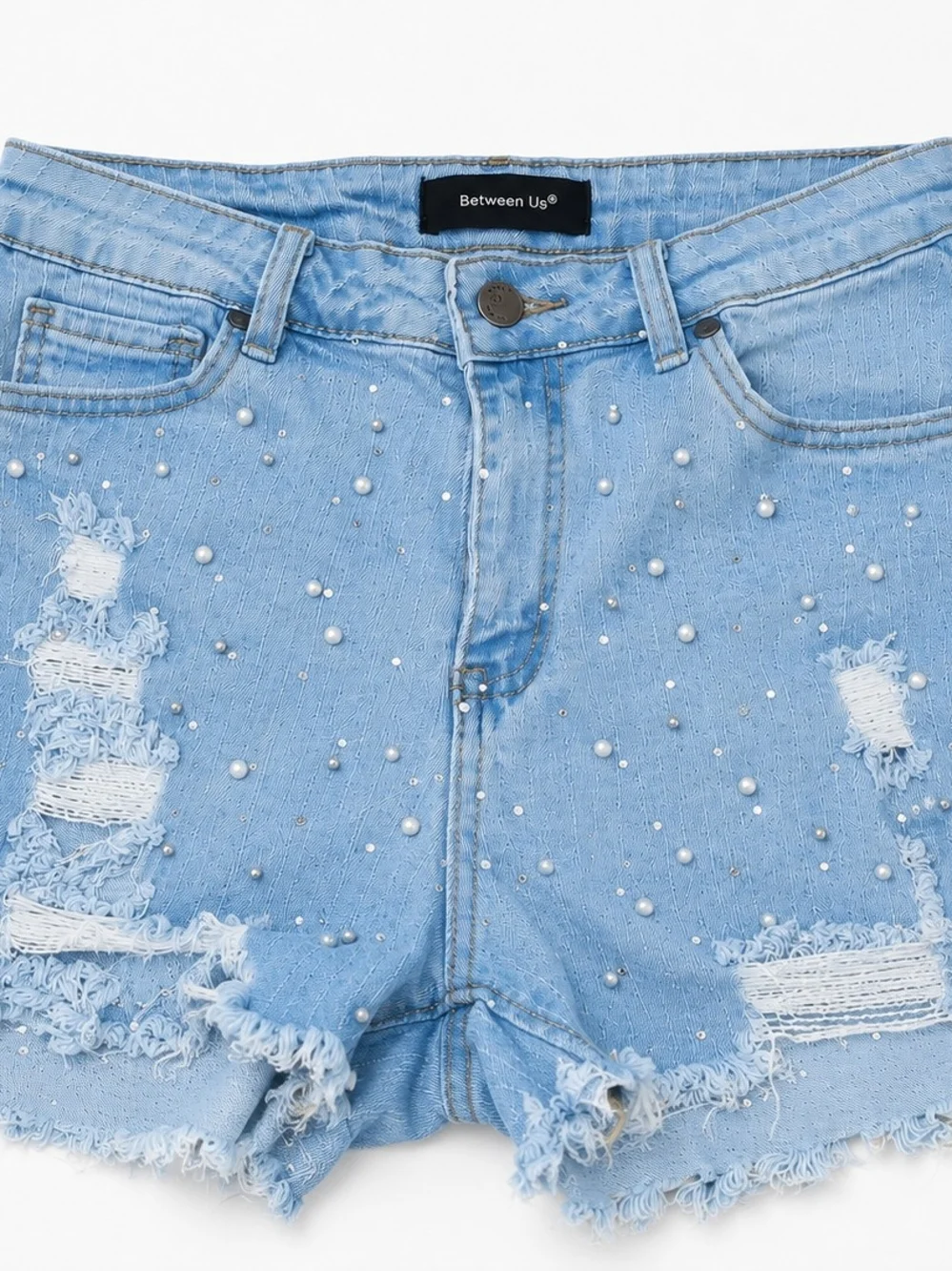 Between Us Distressed Pearl Embellished Denim Shorts Light Wash Frayed Hem Women